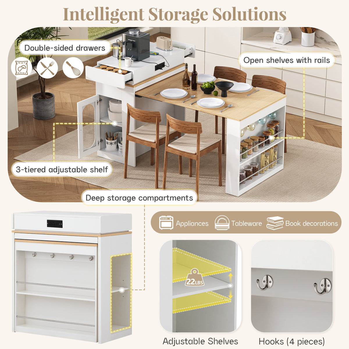 [VIDEO] TREXM Extendable Dining Table with Folding Tabletop, Bar Table with Drawers and Power Outlet, Kitchen Island with Wheels and Hooks, Sideboard for Kitchen and Dining Room (Creamy White+Natural)