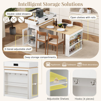 [VIDEO] TREXM Extendable Dining Table with Folding Tabletop, Bar Table with Drawers and Power Outlet, Kitchen Island with Wheels and Hooks, Sideboard for Kitchen and Dining Room (Creamy White+Natural)