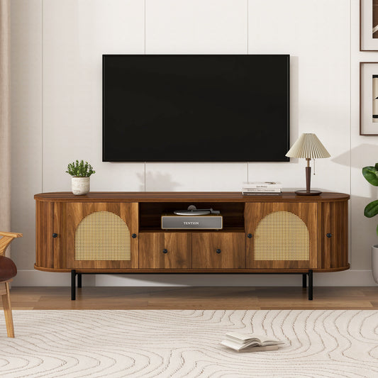 U-Can American Style TV Stand with Rattan Arched Doors, Drawers, Hidden Storage, Steel Legs, Rounded Corners