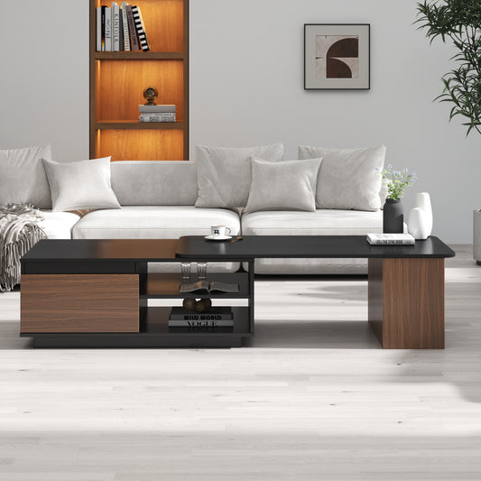 Extendable Coffee Table,  Length Adjustable Wood Coffee Table with 2 Storage Drawers for Living Room, Large Long Rectangular Center Table