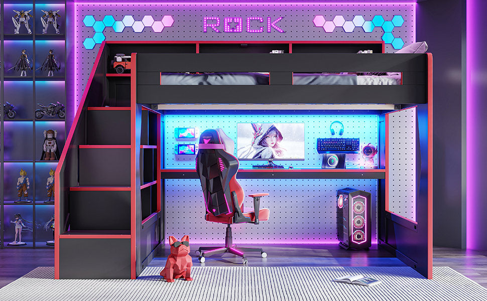 Queen Size Gaming Loft Bed with Storage Stair & Open Headboard Shelves, LED Light & USB Charging Desk, Elevated Loft Bed Frame with House-Shaped Cutout Design for Gamers,Black&Red