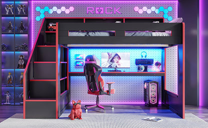 Queen Size Gaming Loft Bed with Storage Stair & Open Headboard Shelves, LED Light & USB Charging Desk, Elevated Loft Bed Frame with House-Shaped Cutout Design for Gamers,Black&Red