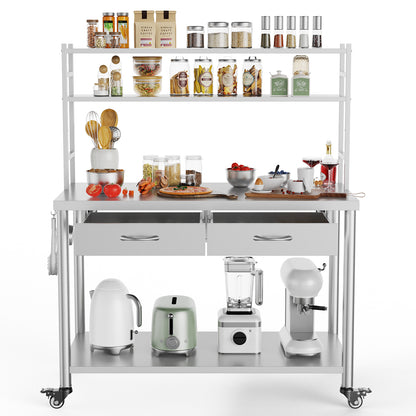 Stainless Steel Table with Shelves and Drawer, Stainless Steel Work Table with Overshelves, Adjustable Shelf and Hooks, Kitchen Prep Table for Commercial Kitchen, Restaurant and Garage