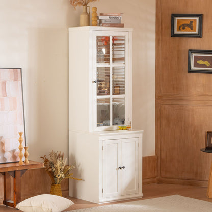 75.25'' Tall Freestanding Pantry Cabinet with Glass Door & Lattice Window, Farmhouse Display Cabinets with Storage, Hutch with Double-Action LH&RH Door, for Hallways, Livingroom Kitchen & Office,White