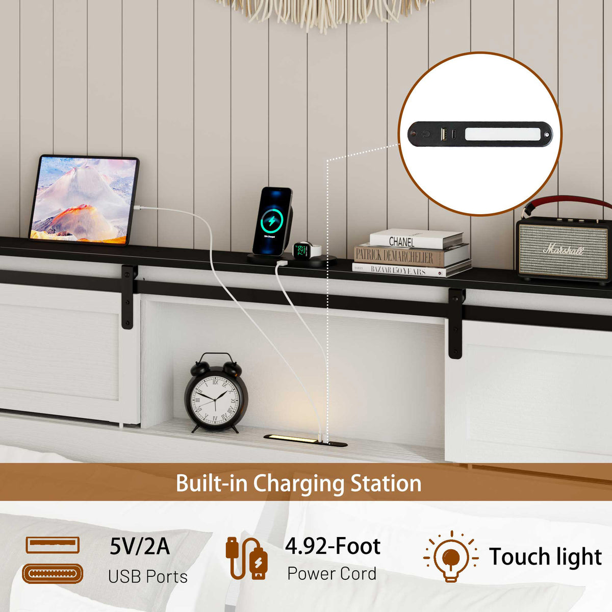 King size bed, metal bed frame with charging station, no need for box spring, (white), no noise, easy to assemble.