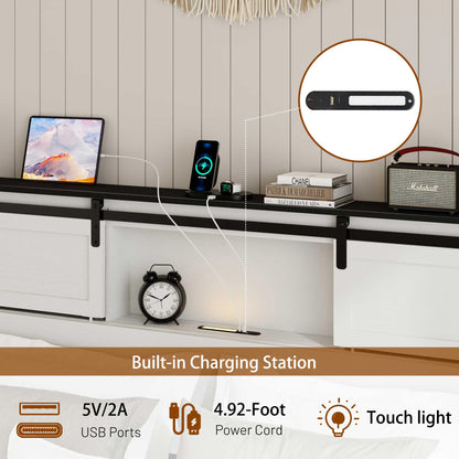 King size bed, metal bed frame with charging station, no need for box spring, (white), no noise, easy to assemble.
