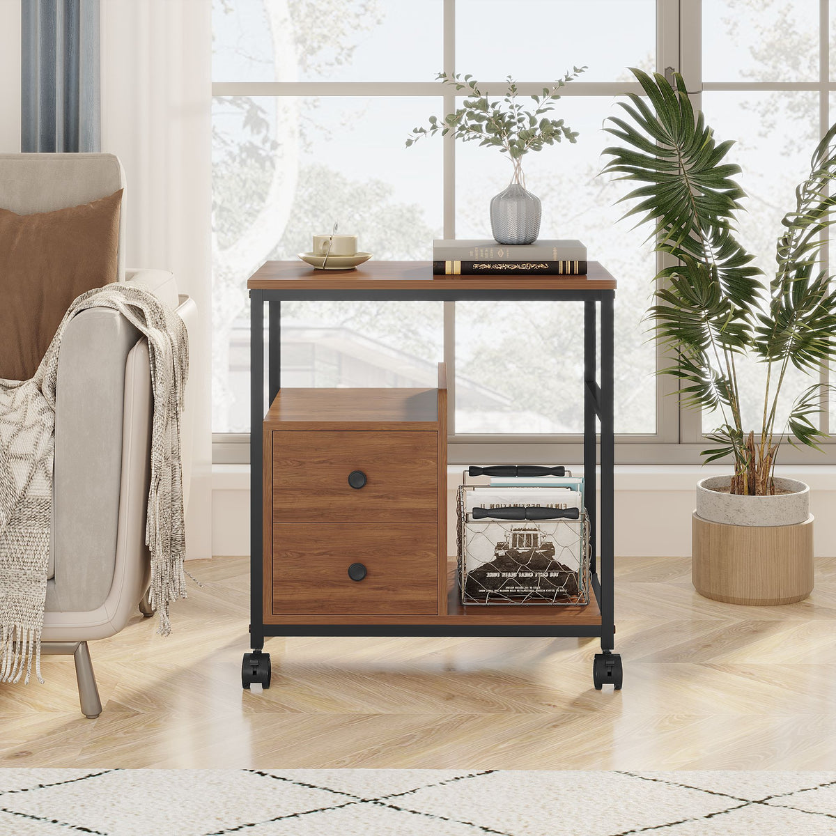 End Table with Wheels & Storage Drawers, Side Table,  Nightstand, Stable Metal Frame, Wood Top, for Bedroom Kitchen Living Room and Office, 14.9"D x 23.6"W x 25.7"H