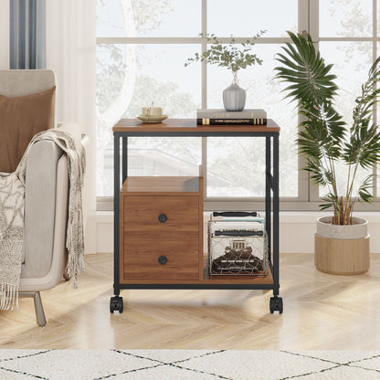 End Table with Wheels & Storage Drawers, Side Table,  Nightstand, Stable Metal Frame, Wood Top, for Bedroom Kitchen Living Room and Office, 14.9"D x 23.6"W x 25.7"H