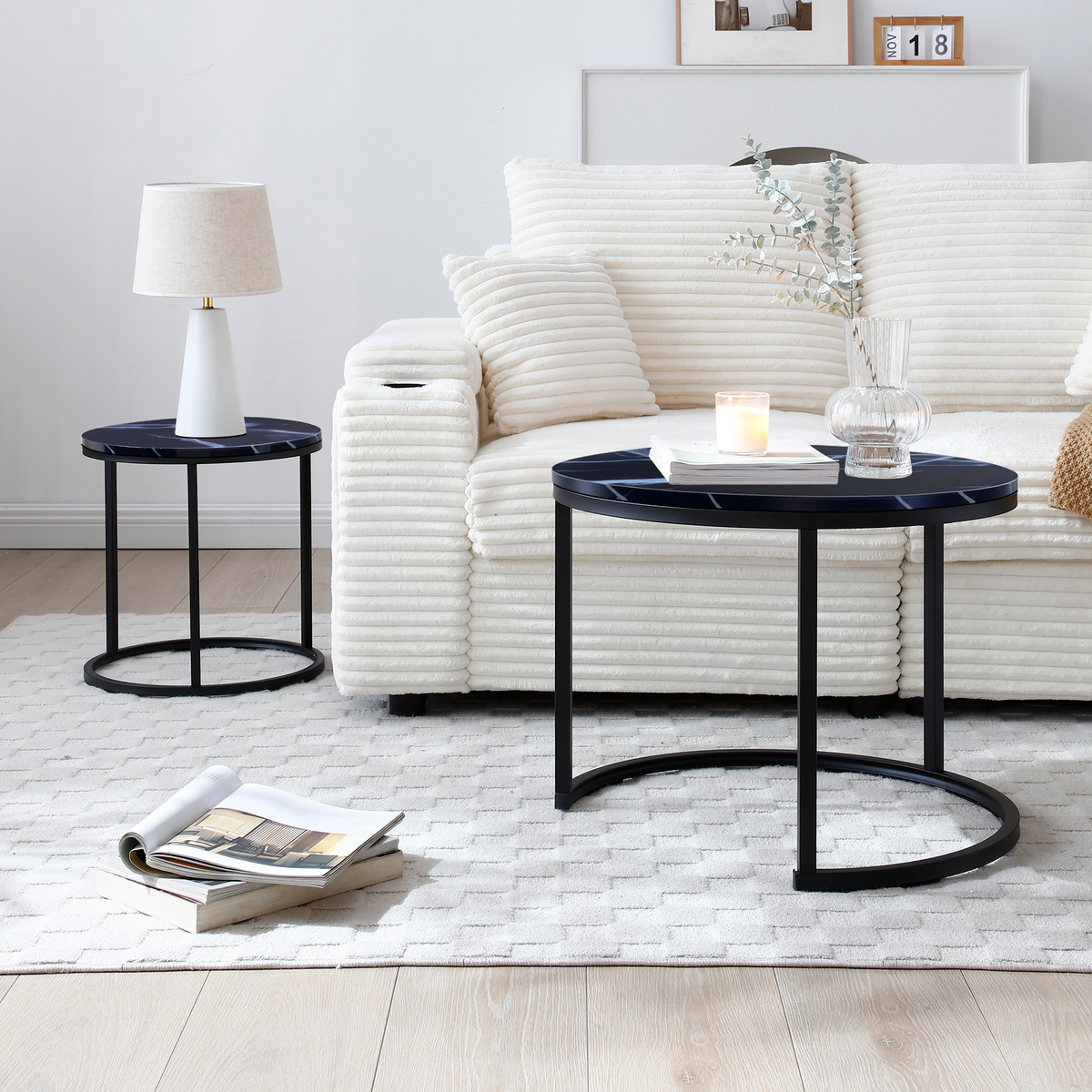 Set 2 Coffee Table Nesting Black top  Black Frame Circular Round and Marble Pattern Wooden Tables, Living Room Bedroom Apartment Modern Industrial Simple Nightstand