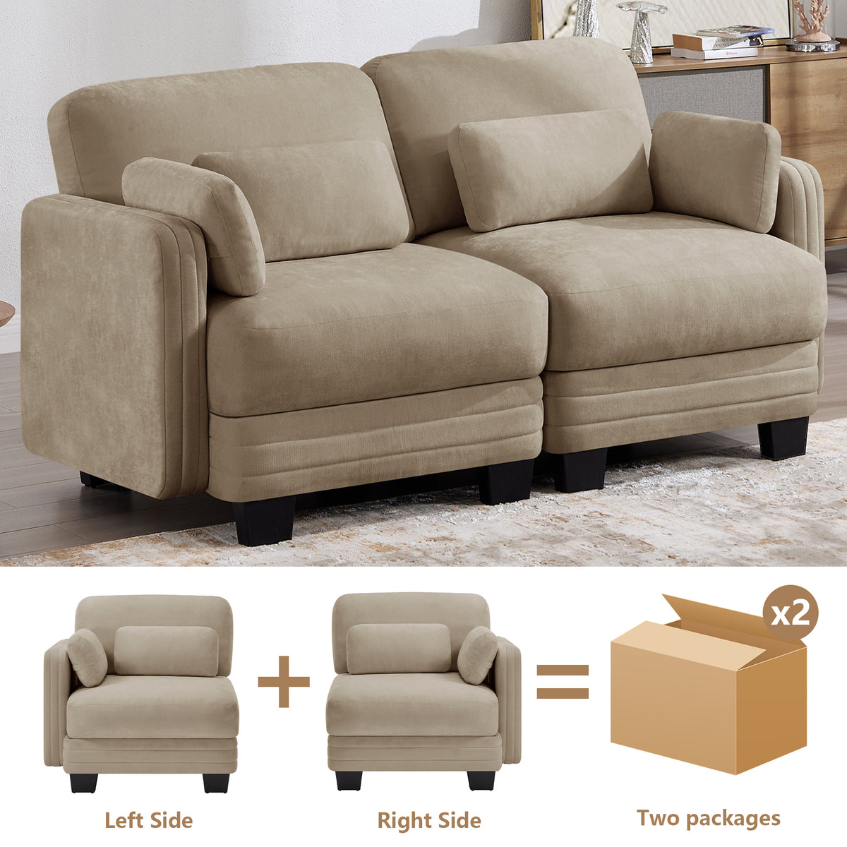 Channel Tufted Design Modern Minimalist Modular Sectional Loveseat Sofa, 2-Seater Couch with Thick Comfortable Seat Cushions, Suitable for Living Room, Bedroom and Apartment, Camel Chenille