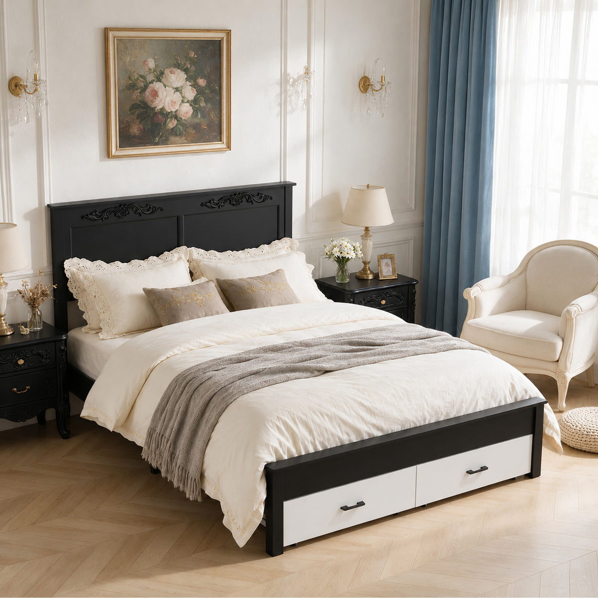 Queen size Rustic farmhouse-style furniture, sturdy frames, noise-free design, under-bed storage space, easy assembly, white + black.