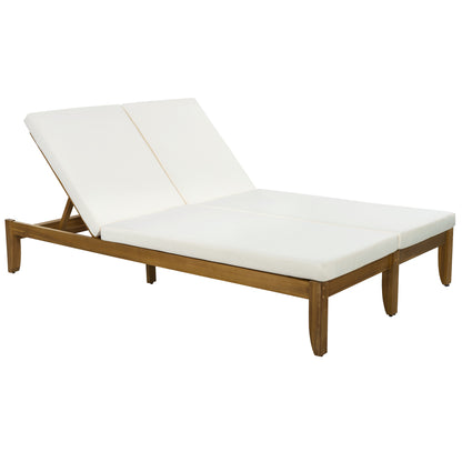 Adjustable Outdoor Patio Lounge Chair Two Seater Outdoor Recliner Patio Double Chaise Lounge with Weather-Resistant Pool Lounge Chair for Patio, Natural+Beige Cushion