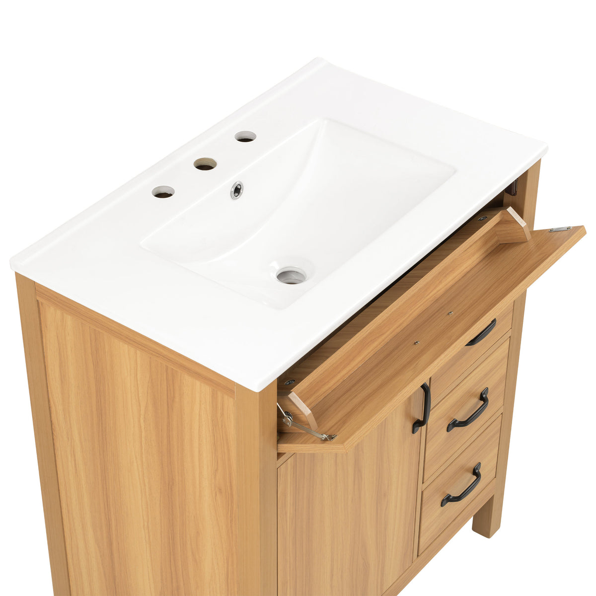 Modern 30 Inch Bathroom Vanity with Ceramic Sink, MDF Cabinet & Solid Wood Legs, Soft Close Drawers, Black Zinc Alloy Handles, Wood Finish