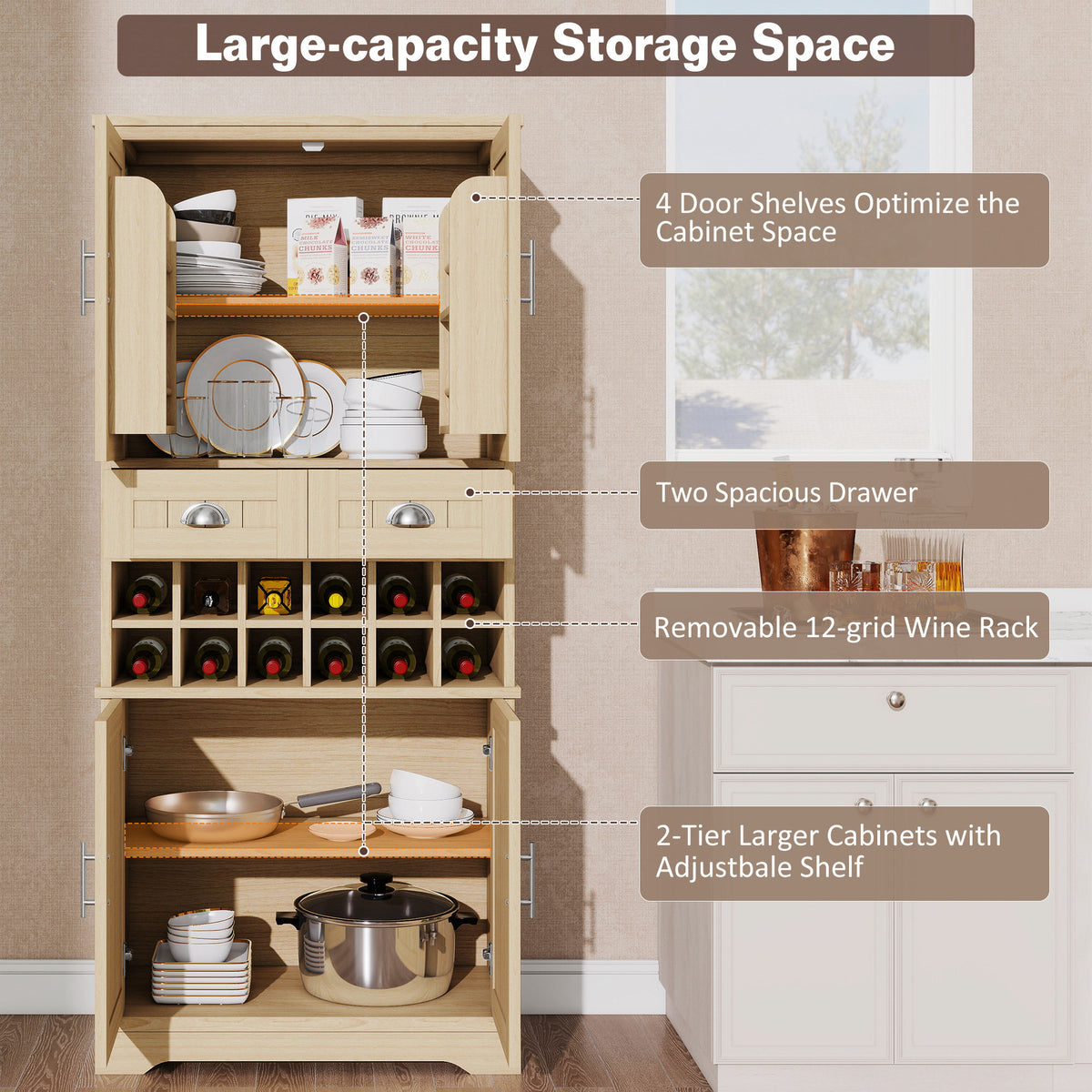 70.9" Tall Farmhouse Wine Storage Cabinet, Removable 12-Bottle Wine Rack, 2 Spacious Drawers, 4 Door Shelves, Adjustable Shelves & 2-Tier Storage Cabinets for Kitchen, Dining Room,Natural