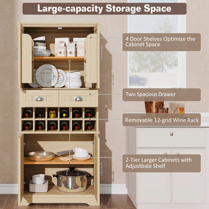 70.9" Tall Farmhouse Wine Storage Cabinet, Removable 12-Bottle Wine Rack, 2 Spacious Drawers, 4 Door Shelves, Adjustable Shelves & 2-Tier Storage Cabinets for Kitchen, Dining Room,Natural