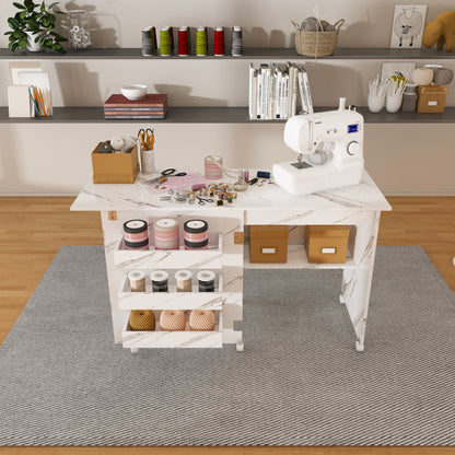 4-in-1 Folding Sewing Table with Lockable Wheels – Multi-Functional Craft Station, End Table, Computer Desk & Kitchen Storage with Shelves, White Rolling Sewing Machine Table for Apartments