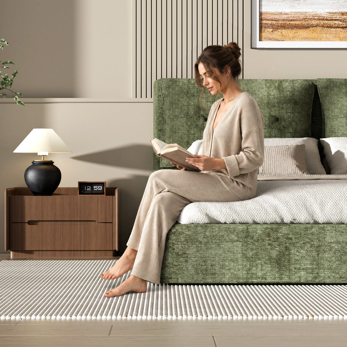 AirFrame Upholstered Bed Frame, a low, cloud-style bed frame with a double-layered upholstered headboard, 360° soft foam edging, and a metal base; easy to assemble; Queen size, Green