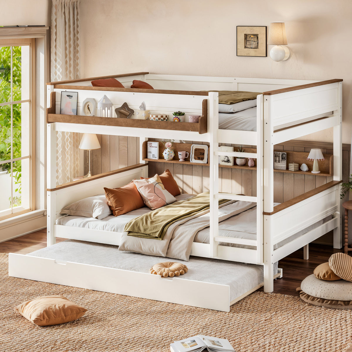 Queen over Queen Wood Bunk Bed with Pull-out Trundle Bed, Side Storage Shelf, Detachable Bunk Bed Frame, Convertible Into 2 Separate Beds for Kids Teens Adults, Beige&Natural