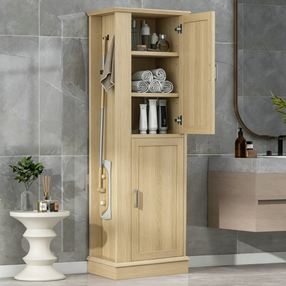 Tall Bathroom Storage Cabinet, Freestanding Storage Cabinet with Hook and Adjustable Shelf, MDF Board, Natural