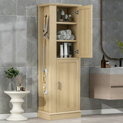 Tall Bathroom Storage Cabinet, Freestanding Storage Cabinet with Hook and Adjustable Shelf, MDF Board, Natural