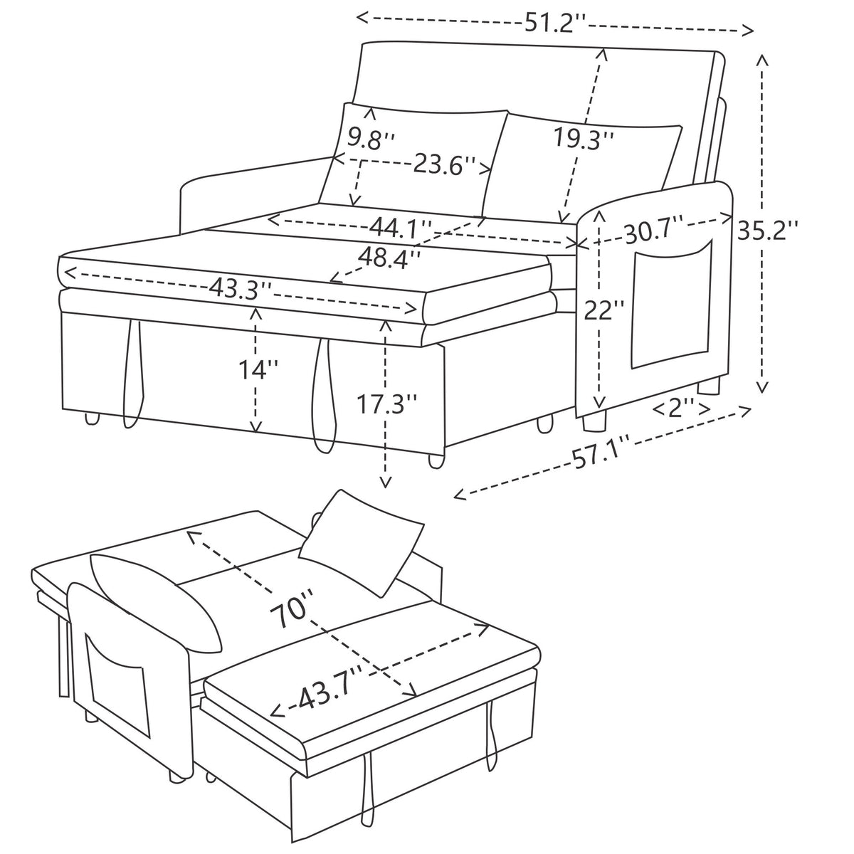 51.2' Velvet Convertible Sleeper Sofa Bed, 5-Position Adjustable Backrest Loveseat with Pull-Out Bed, Side Pocket, Multi-Functional 2-Seater Couch for Living Room, Apartment, Small Space