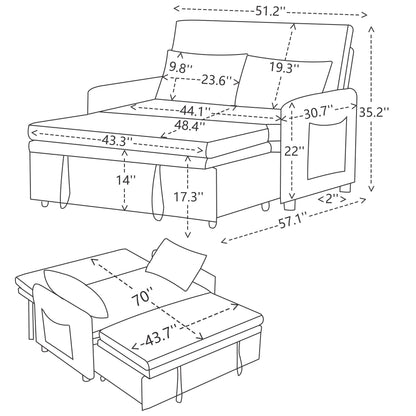 51.2' Velvet Convertible Sleeper Sofa Bed, 5-Position Adjustable Backrest Loveseat with Pull-Out Bed, Side Pocket, Multi-Functional 2-Seater Couch for Living Room, Apartment, Small Space