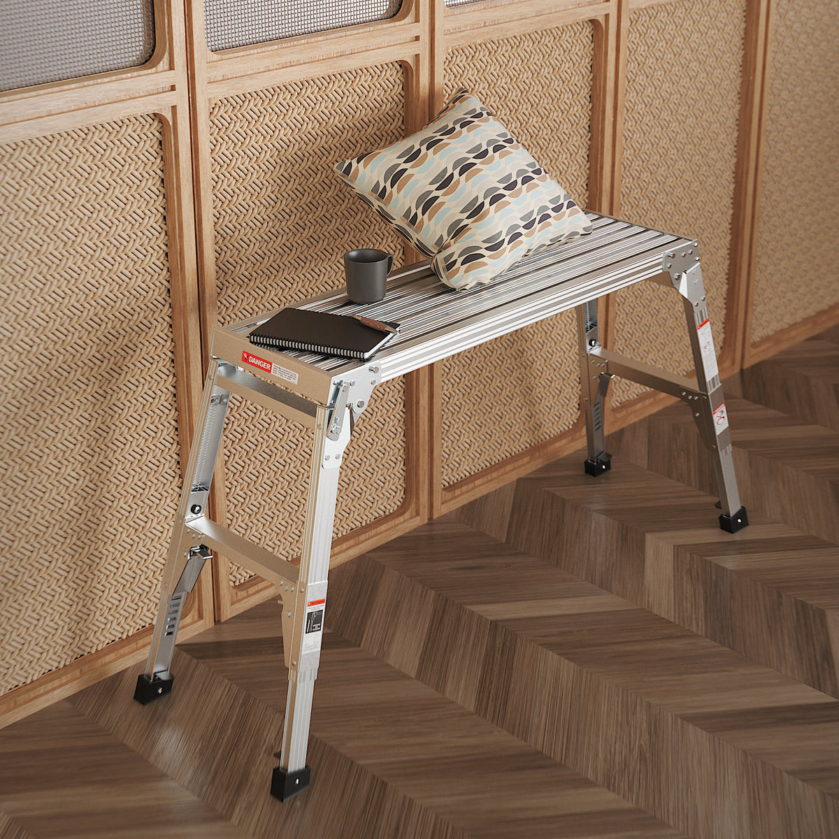 Aluminum Work Platform Large Size Step Stool Folding Portable Work Bench 40" Width Telescopic Feet 22" -27.5" Height Adjustable