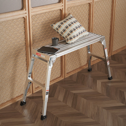 Aluminum Work Platform Large Size Step Stool Folding Portable Work Bench 40" Width Telescopic Feet 22" -27.5" Height Adjustable