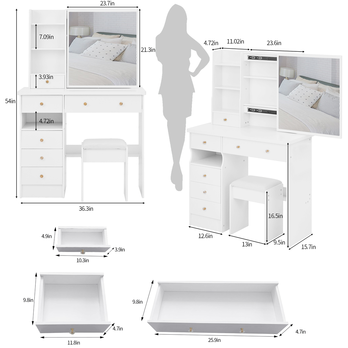 37" Left Drawer Desktop Makeup Vanity Table + Cushioned Stool, Extra Large Right Sliding Mirror, Multi Layer High Capacity Storage
