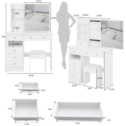 37" Left Drawer Desktop Makeup Vanity Table + Cushioned Stool, Extra Large Right Sliding Mirror, Multi Layer High Capacity Storage