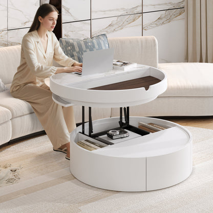 White Round Lift Coffee Table with 1 Drawer in 29.5', Marble Veneer and Wood Grain Tabletop