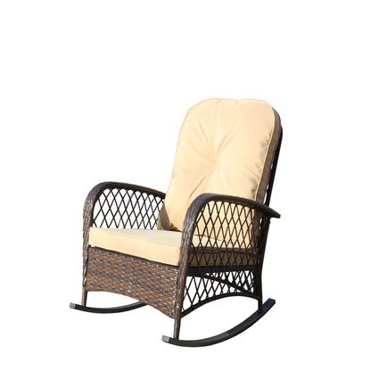 Outdoor Wicker Rocking Chair with Wide Seat, Thick, Soft Cushion, Rattan Rocker w/Steel Frame, High Weight Capacity for Patio, Garden, Backyard, Shallow brown Cushion