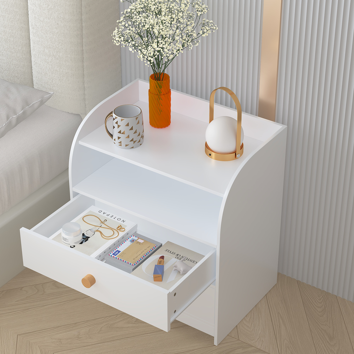 White Nightstand with 2 Drawers and Open Shelf, MDF Bedside Table with Curved Side Panels, Modern End Table for Bedroom, Kids Room, Nursery, Living Room, Storage Cabinet for Adults and Children