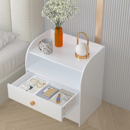 White Nightstand with 2 Drawers and Open Shelf, MDF Bedside Table with Curved Side Panels, Modern End Table for Bedroom, Kids Room, Nursery, Living Room, Storage Cabinet for Adults and Children