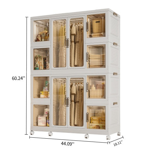 Portable Wardrobe Closet Storage Organizer for Clothes with Magnetic Doors, 12 Cubes & 2 Hanging Rods, White