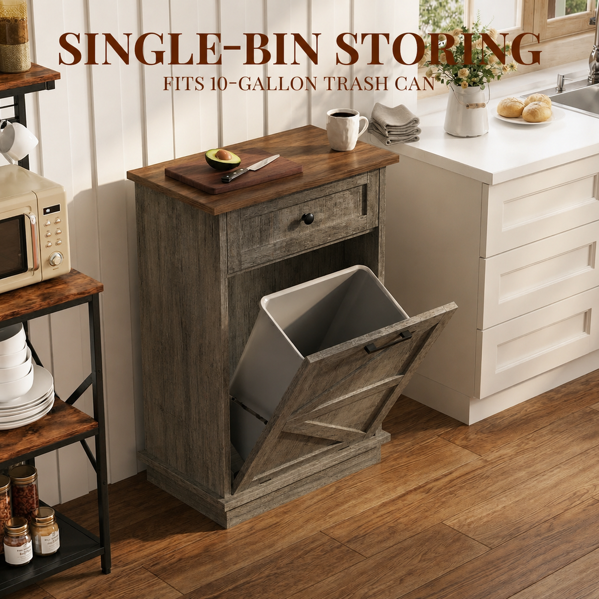 Tilt Out Trash Can Cabinet, 10-Gallon Farmhouse Hidden Garbage Cabinet with Drawer, Dog Proof Wooden Trash Storage Cabinet for Kitchen, Laundry, Living Room, Office