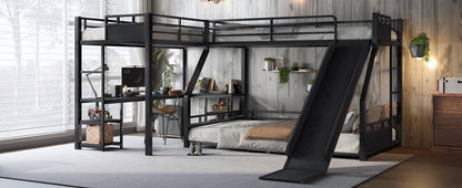 L-Shaped Metal Bunk Bed (Top bed: twin xl, bottom bed: queen) with Single Loft Bed, Desk, and Storage Shelves, USB Charging Port Included - Metal Triple Bunk Bed with Slide,B
