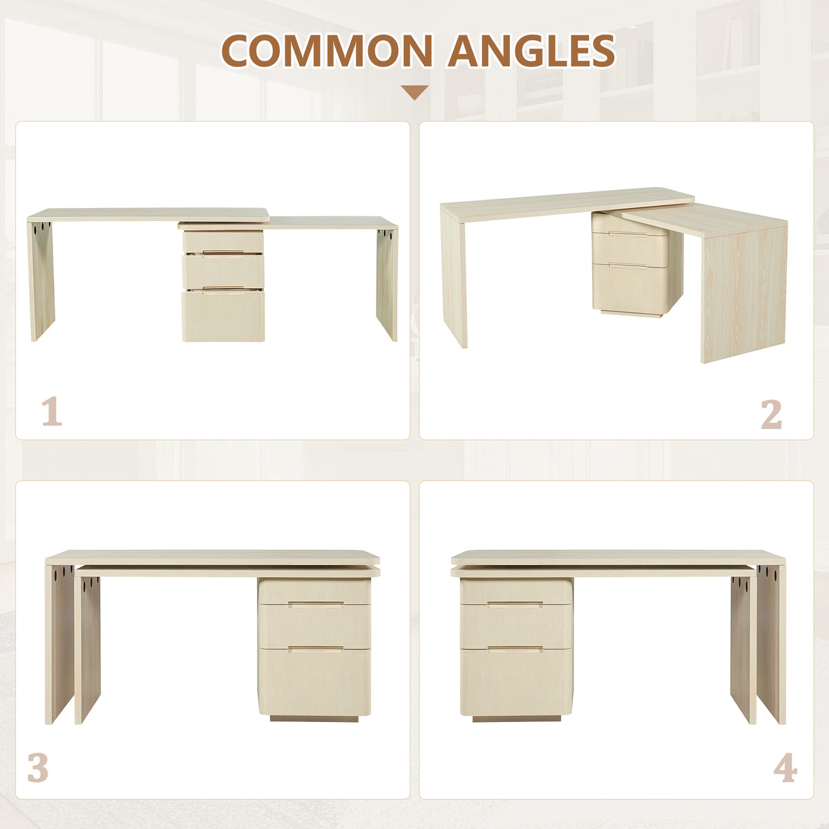 90" Modern L Shaped Desk in Natural Wood with 3 Drawers, 360° Wood Rotating Desk, Executive Office Desk, Corner Desk