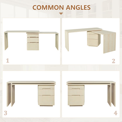 90" Modern L Shaped Desk in Natural Wood with 3 Drawers, 360° Wood Rotating Desk, Executive Office Desk, Corner Desk