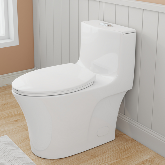 1.28/0.8 GPF Siphonic Flush One-Piece Toilet Elongated, Siphonic S-trap 12",Soft Closing Seat, Button on Tank top ,Powerful Dual Flush MAP 1000g, Comfort Chair Seat ADA Height 17", Glossy White GW-002