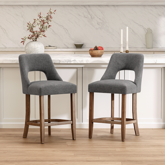 Bar Stools Set of 2, Upholstered Counter Height Bar Stools, Modern Counter Stools with Wood Legs for Kitchen Island Dining Room Bar, Dark Grey
