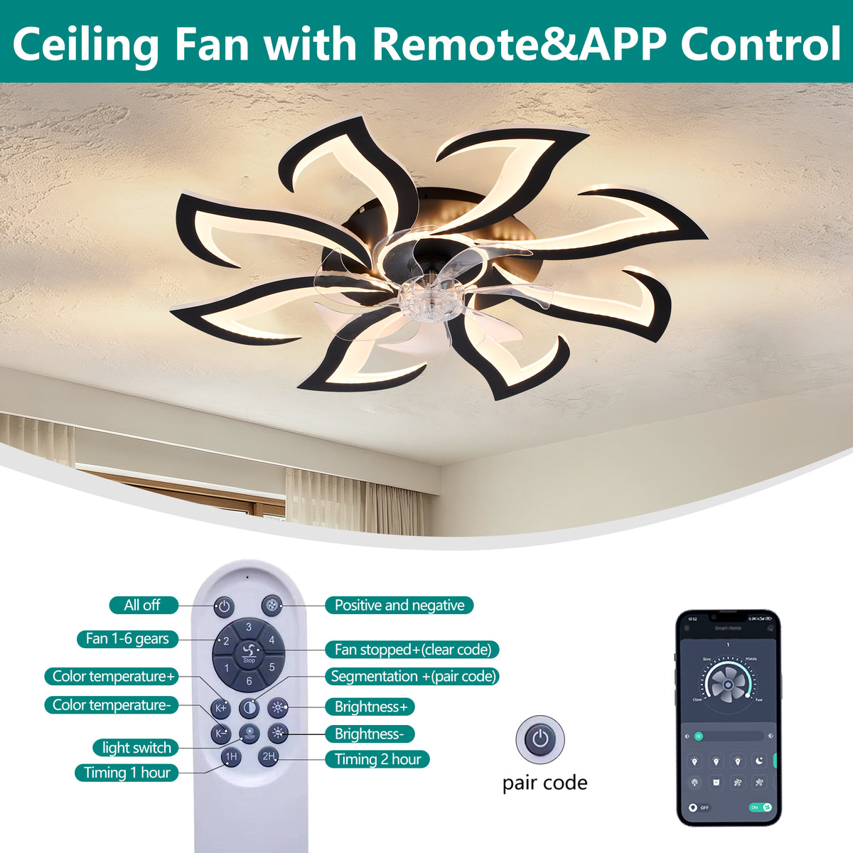 Black Flower Modern Ceiling Fan with LED Dimmable Light, 32inch Flush Mount Ceiling Fan with Remote Control for Bedroom, High-Efficiency DC Motor, 6-Speeds, Timing Function