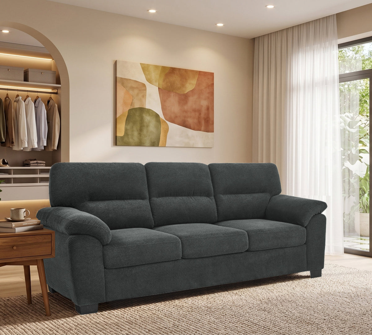 3-Seater Sofa, Dark Gray Upholstered Couch, Modern Living Room Furniture, Textured Fabric Sofa, Minimalist Settee, Comfortable Armchair, Sturdy Frame Sofa