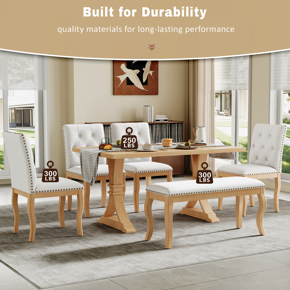 TREXM 6-Piece Dining Table Set with Bench, Oak Finish Dining Room Table Set with 4 Upholstered Button Tufted Chairs, Nailhead Trim, Curved Wood Legs, Farmhouse Kitchen Dining Furniture (Natural)