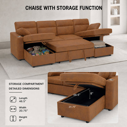 Convertible U-Shaped Sectional Sofa Bed with Double Storage Chaises, Pull-Out Sleeper, Cup Holders, and Lumbar Pillows