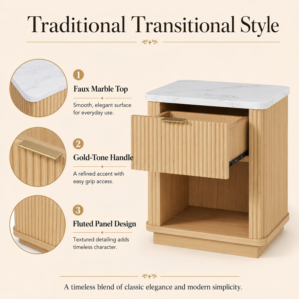 Natural Wood Finish Fluted Nightstand with Storage Drawer and Open Shelf, Faux Marble-Look Top, Gold-Tone Handle, Modern Bedside Table and End Table for Bedroom, Guest Room, Dorm and Living Room