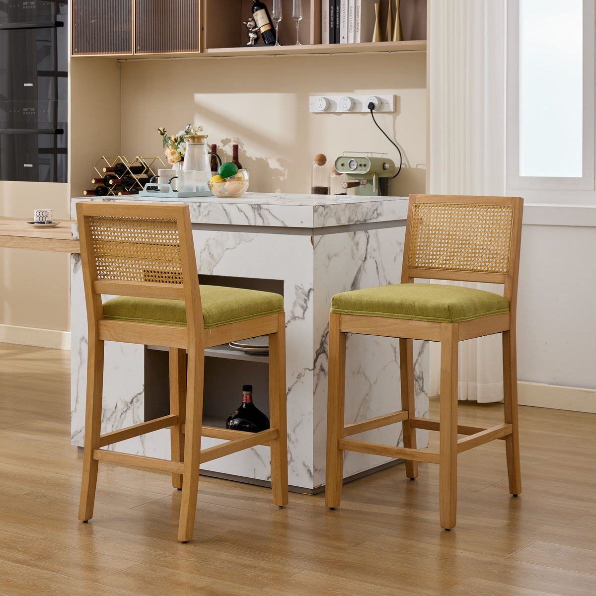 Full Solid Wood Rattan-Back Bar Stool, Matte Linen Cushion with High-Resilience Foam & S-Springs, Ideal for Rustic/Natural Style Kitchen Island, Low Bar in Dining Room & Café,Set of 2,Green,SW1872OL