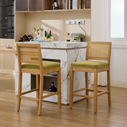 Full Solid Wood Rattan-Back Bar Stool, Matte Linen Cushion with High-Resilience Foam & S-Springs, Ideal for Rustic/Natural Style Kitchen Island, Low Bar in Dining Room & Café,Set of 2,Green,SW1872OL