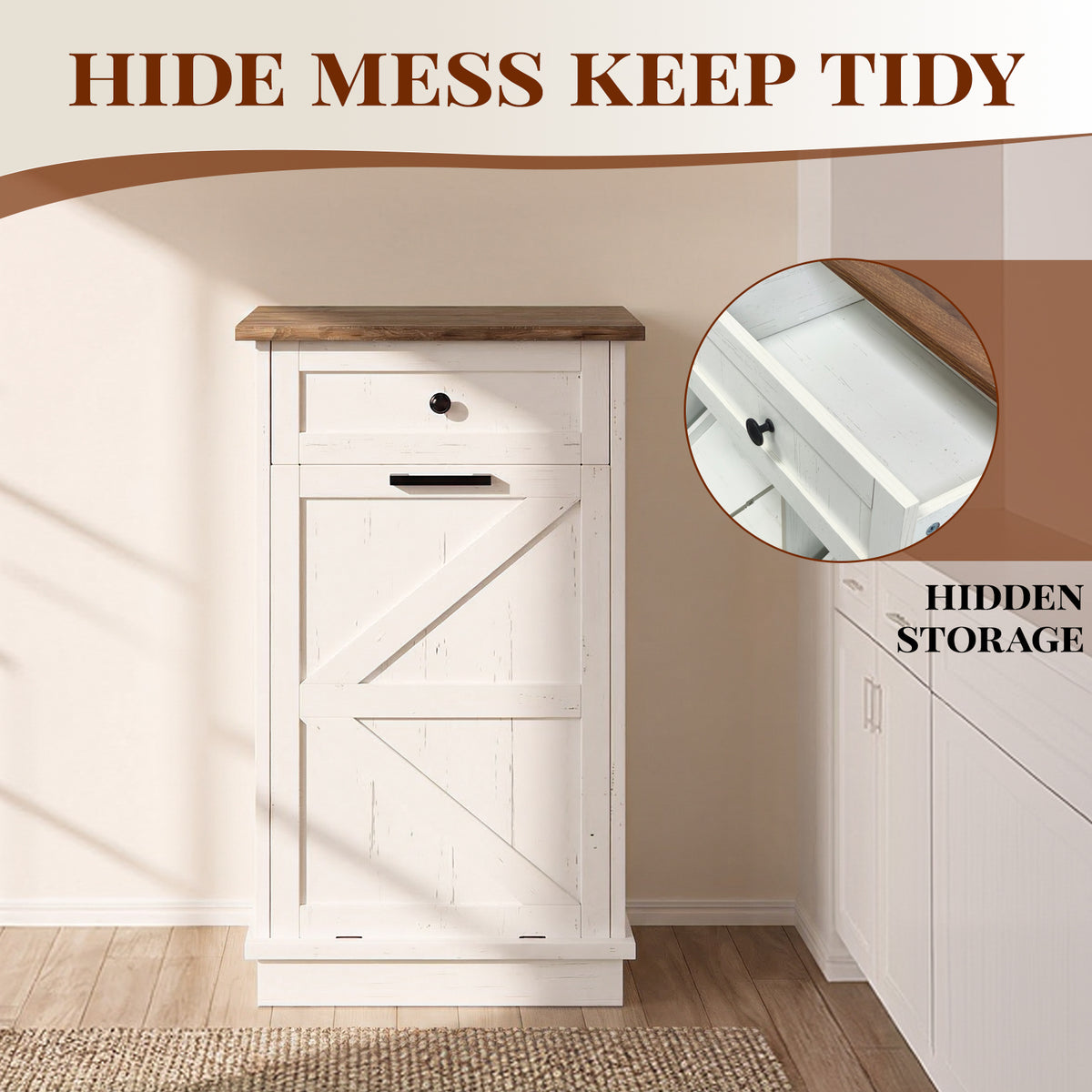 Tilt Out Trash Can Cabinet, 10-Gallon Farmhouse Hidden Garbage Cabinet with Drawer, Dog Proof Wooden Trash Storage Cabinet for Kitchen, Laundry, Living Room, Office