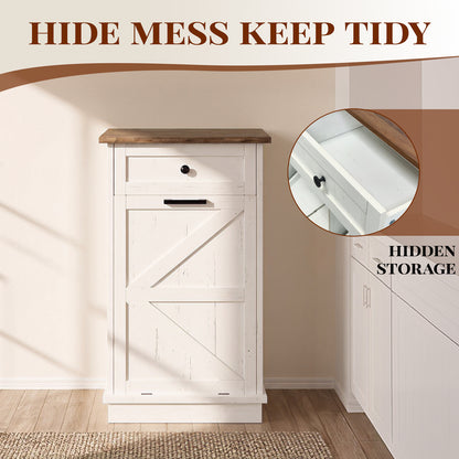 Tilt Out Trash Can Cabinet, 10-Gallon Farmhouse Hidden Garbage Cabinet with Drawer, Dog Proof Wooden Trash Storage Cabinet for Kitchen, Laundry, Living Room, Office